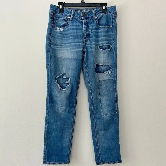 American Eagle Tomgirl Distressed Patchwork Straight leg Jeans grunge skater 6 - Picture 6 of 14